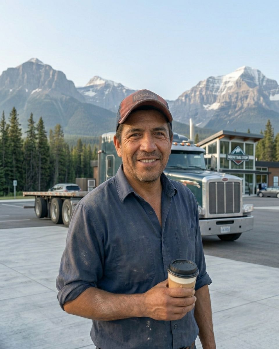 Conductor de camión frente a las montañas canadienses